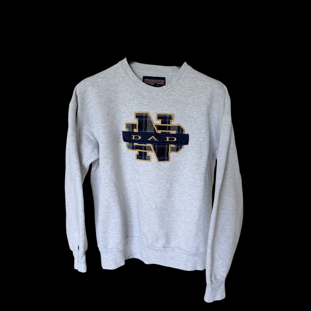 Jansport Notre Dame Dad Sweatshirt Mens XL Gray Plaid ND Embroidered Pullover